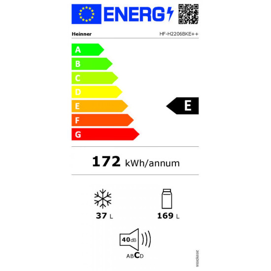 Frigider cu 2 usi Heinner HF-H2206BKE++, clasa energetica: E, capacitate totala: 206 L, capacitate frigider: 169 L, capacitate congelator: 37 L, control mecanic cu termostat ajustabil, lumina LED, 3 rafturi sticla frigider, compartiment pentru fructe si l