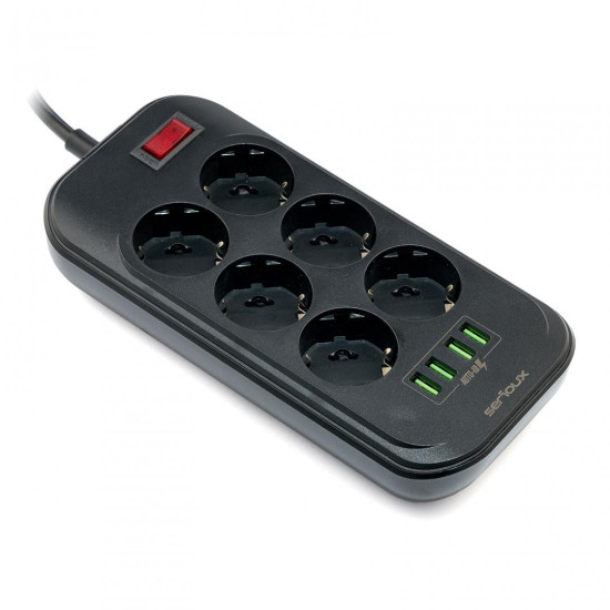 Prelungitor cu protectie Serioux, 6 prize schuko, input 100-240V, 50- 60Hz, output (Total): 2500W - 10A, 4 porturi USB, 4 porturi USB (5V- 3.1A) (Auto Max) 17W, Amperaj port USB (max) 3.4A, functie auto ID, antistatic, buton power/off, lungime cablu 2m,ne Prelungitor cu protectie Serioux, 6 prize schuko, input 100-240V, 50- 60Hz, output (Total): 2500W - 10A, 4 porturi USB, 4 porturi USB (5V- 3.1A) (Auto Max) 17W, Amperaj port USB (max) 3.4A, functie auto ID, antistatic, buton power/off, lungime cablu 2m,ne