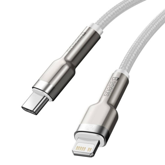 CABLU alimentare si date Baseus Cafule Metal, Fast Charging Data Cable pt. smartphone, USB Type-C la Lightning Iphone PD 20W, brodat, 1m, alb