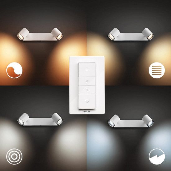 Aplica LED pentru oglinda din baie Philips Hue Adore, Bluetooth, 2xGU10, 2x5W, 700 lm, lumina alba (2200-6500K), IP44, 36.6x12cm, Metal, Alb, Intrerupator cu variator inclus