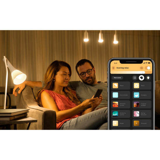 Pachet 2 Becuri LED RGB inteligente Philips Hue A60, E27, 9W (60W), 806 lm, lumina alba si color (2000-6500K) + Consola Hue Bridge + Intrerupator cu variator Pachet 2 Becuri LED RGB inteligente Philips Hue A60, E27, 9W (60W), 806 lm, lumina alba si color (2000-6500K) + Consola Hue Bridge + Intrerupator cu variator