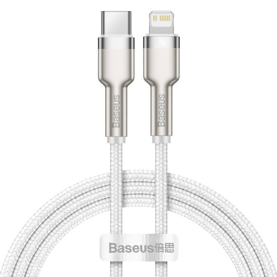 CABLU alimentare si date Baseus Cafule Metal, Fast Charging Data Cable pt. smartphone, USB Type-C la Lightning Iphone PD 20W, brodat, 1m, alb