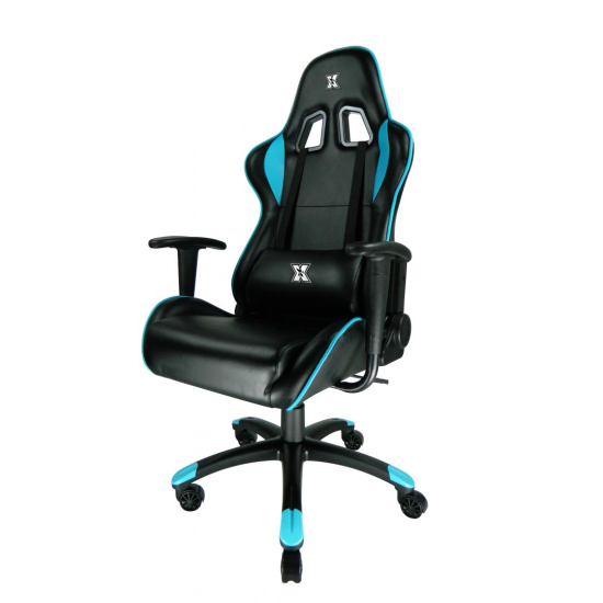 Scaun gaming X by Serioux, Torin, ajustabil, piele sintetica, piston pe gaz, manere reglabile, baza stea cu 5 picioare, greutate maxima admisa 150Kg, perne detasabile, negru si albastru