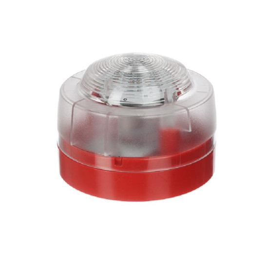 Honeywell Flash cu lentila transparenta;Tensiune de operare: 12 - 29 V DC; Consum: 26 mA @ 29 V dc; Rata flash: 0.5 Hz; Culoare LED: alb; Lentila: PC transparenta; Carcasa: PC-ABS rosu; Grad protectie: IP21C; Certificare: EN54-23; Temperatura de functiona