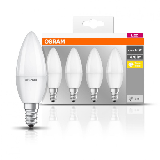 4 Becuri LED Osram Base Classic B, E14, 4.9W (40W), 470 lm, lumina calda (2700K)