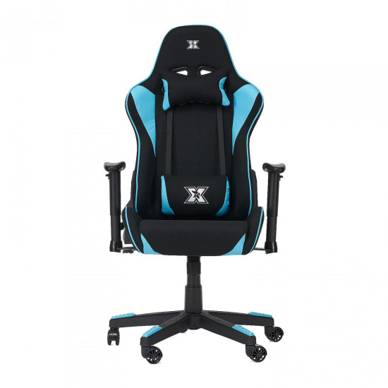 Scaun gaming X by Serioux, Torin, ajustabil, material textil, piston pe gaz, manere reglabile, baza stea cu 5 picioare, greutate maxima admisa 150Kg, perne detasabile, negru si albastru