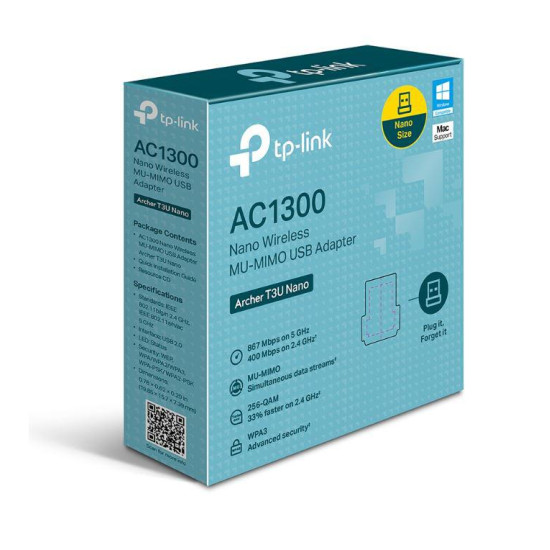 TP-link AC1300 Mini Adaptor USB Wireless MU-MIMO, ARCHER T3U Nano; USB 2.0;dimensiuni: 19.85 × 15.7 × 7.39 mm, Standarde wireless: IEEE 802.11b/g/n 2.4 GHz, IEEE 802.11a/n/ac 5 GHz, Dual-Band 2.4 GHz, 5 GHz.