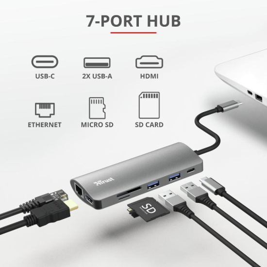 Hub USB Trust Dalyx, 7 porturi USB-C, negru Hub USB Trust Dalyx, 7 porturi USB-C, negru