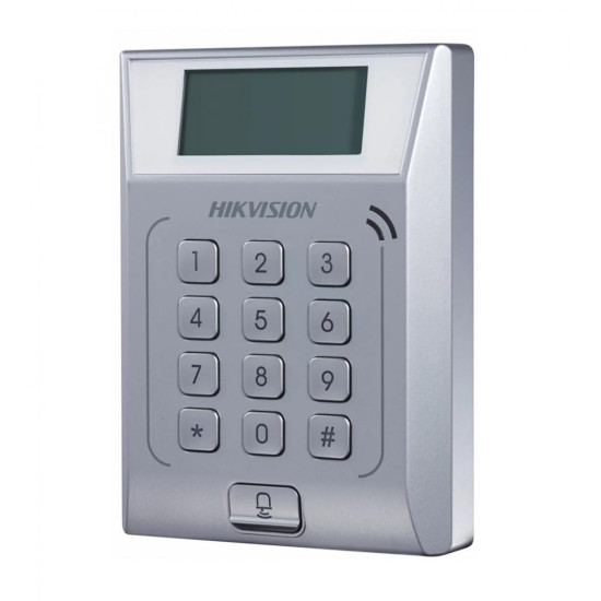 Cititor standalone cu tastatura si card proximitate Hkvision DS-K1T802M, suporta cartele MIFAE, capacitate 3000 carduri si 10000 evenimente, autentificare: card, card si  parola,display 128x64, Exit Button × 1, Door Sensor × 1, Doorbell × 1, E-lock Output