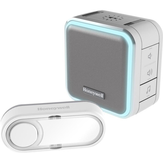 Sonerie de usa portabila Wireless Honeywell DC515EG; raza de actiune 150 de metri; volum maxim 84 dB; 6 melodii; avertizare vizuala cu led in 7 culori; alimentare sonerie 3 x LR6(AA) (nu sunt incluse); suporti de prindere incluse, culoare gri;