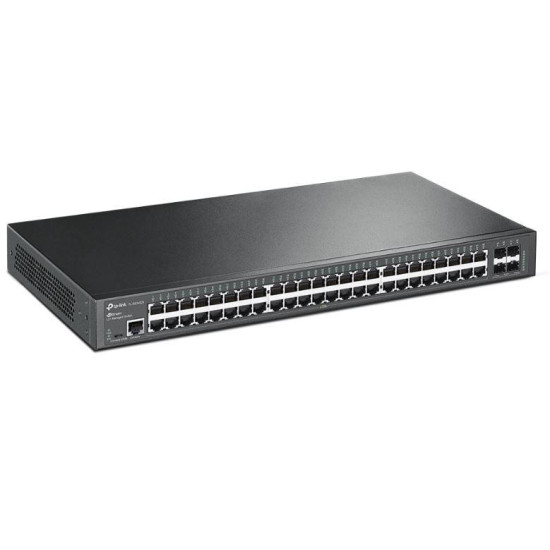 TP-LINK TL-SG3452X Switch JetStream cu management | 48× Porturi Gigabit L2+ și 4× Sloturi 10GE SFP+, Interfață: 48× Poturi RJ45 10/100/1000 Mbps, 4× Sloturi 10G SFP+, 1× Port RJ45 pe console, 1× Port Micro-USB pe console, Fără ventilatoare, Montare în rac