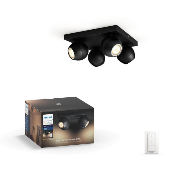 Spot LED Cvadruplu Philips Hue Buckram, Bluetooth, 4xGU10, 4x5W, 1400 lm, lumina alba (2200-6500K), IP20, 24x24x10.3cm, Metal, Negru, Intrerupator cu variator inclus Spot LED Cvadruplu Philips Hue Buckram, Bluetooth, 4xGU10, 4x5W, 1400 lm, lumina alba (2200-6500K), IP20, 24x24x10.3cm, Metal, Negru, Intrerupator cu variator inclus
