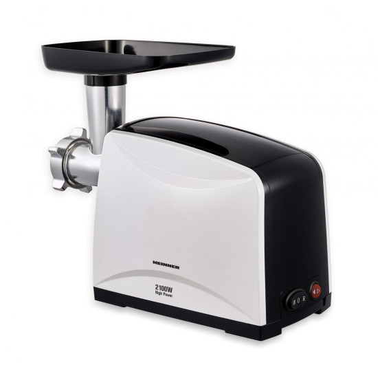 Masina de tocat Heinner MG-2100BKWH, putere maxima: 2100W, capacitate de tocare: 1.8 kg, cutit din inox, 3 site de taiere, accesoriu pentru rosii, accesorii pentru carnati si kibbe, functie Reverse, culoare: negru/alb, nivel de zgomot: 90dB