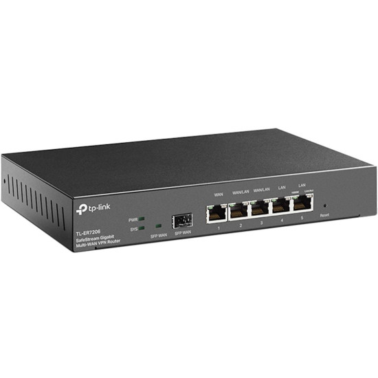 Router TP-Link TL-ER7206, Standarde si protocoale:  IEEE 802.3, 802.3u, 802.3ab, interfata: 1x Fixed Gigabit SFP WAN Port, 1x Fixed Gigabit RJ45 WAN Port, 2x Fixed Gigabit RJ45 LAN Ports, 2x Changeable Gigabit RJ45 WAN/LAN Ports, flash: SPI 4MB + NAND 128