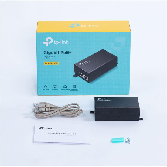 TP-Link, PoE+ Injector, TL-POE160S, Standarde si protocoale: IEEE802.3i, IEEE802.3u, IEEE802.3ab, IEEE802.3af, IEEE802.3at, interfata: 1 10/100/1000Mbps RJ45 data-in port, 1 10/100/1000Mbps RJ45 power+data-out port, Dimensiuni: 125 × 59.4 × 36.8 mm.