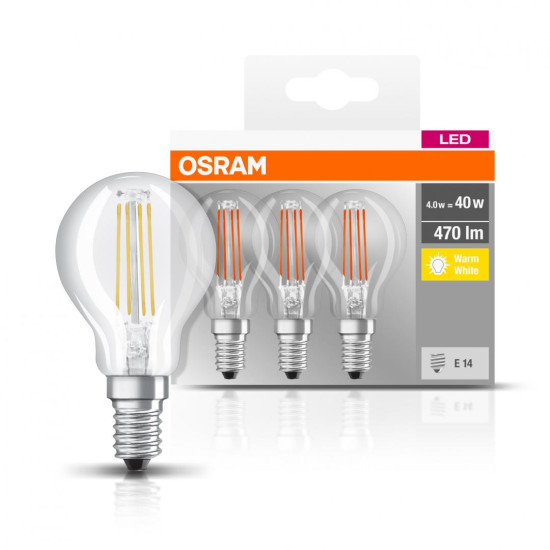 3 Becuri LED Osram Base Classic P, E14, 4W (40W), 470 lm, lumina calda (2700K), cu filament