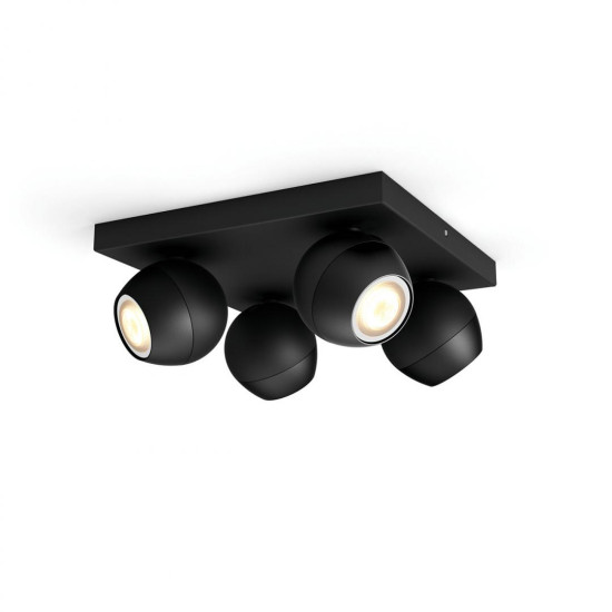 Spot LED Cvadruplu Philips Hue Buckram, Bluetooth, 4xGU10, 4x5W, 1400 lm, lumina alba (2200-6500K), IP20, 24x24x10.3cm, Metal, Negru, Intrerupator cu variator inclus Spot LED Cvadruplu Philips Hue Buckram, Bluetooth, 4xGU10, 4x5W, 1400 lm, lumina alba (2200-6500K), IP20, 24x24x10.3cm, Metal, Negru, Intrerupator cu variator inclus