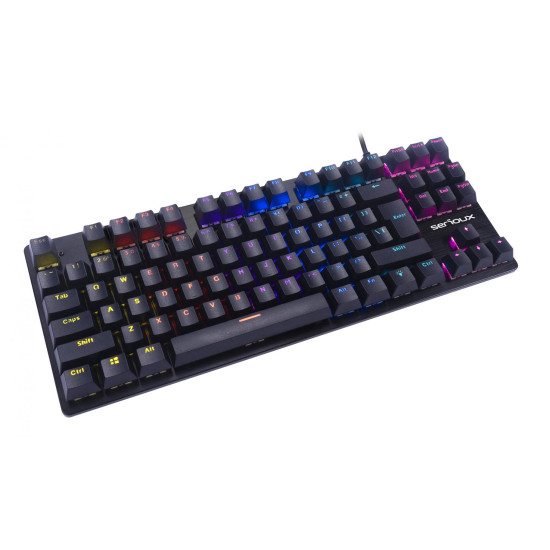 Tastatura gaming mecanica Serioux Freya, switch OUTEMU blue, pana la 50 milioane click-uri, 87 taste, 26 taste Anti-ghosting , 9 moduri de iluminare rainbow, material: ABS, layout US, palm rest de piele detasabil,  forta actionare: 60g ± 10g, plug and pla