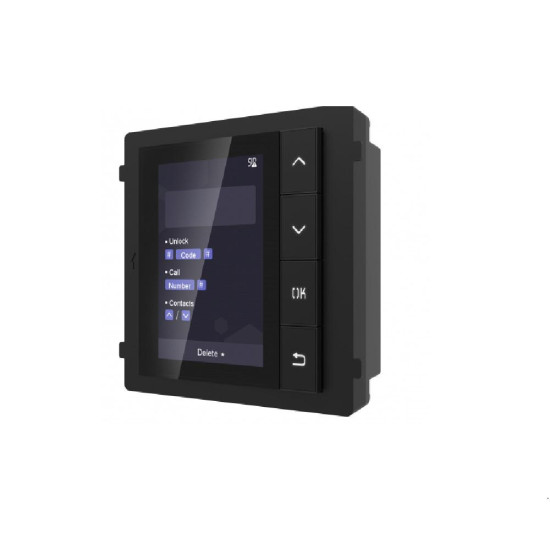 Modul de afisare pentru videointerfon modular Hikvision DS-KD-DIS; ecran LCD 3.5 inch, rezolutie 320x480P; 4 butoane de operare; memorie pentru 500 de contacte; apelare din lista de contacte; deschidere usa cu Pin cu ajutorul modului de tastatura( nu este