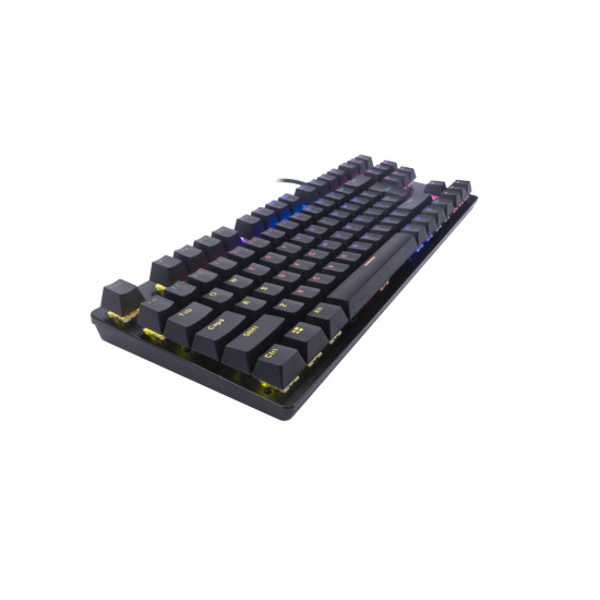 Tastatura gaming mecanica Serioux Freya, switch OUTEMU blue, pana la 50 milioane click-uri, 87 taste, 26 taste Anti-ghosting , 9 moduri de iluminare rainbow, material: ABS, layout US, palm rest de piele detasabil,  forta actionare: 60g ± 10g, plug and pla