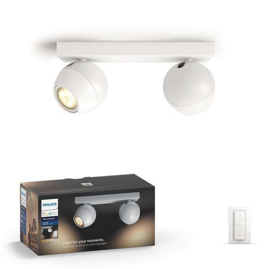 Spot LED Dublu Philips Hue Buckram, Bluetooth, 2xGU10, 2x5W, 700 lm, lumina alba (2200-6500K), IP20, 25.2x8.2cm, Metal, Alb, Intrerupator cu variator inclus