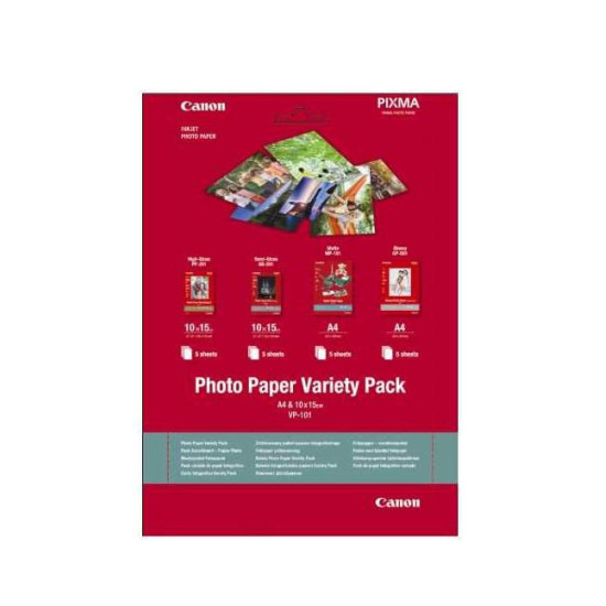 Hartie foto Canon VP-101S Variety Pack, dimensiune 10x15cm, greutate 200g/m2, 20 coli, 5 High gloss, 5 semi gloss, 5 matte, 5 glossy.