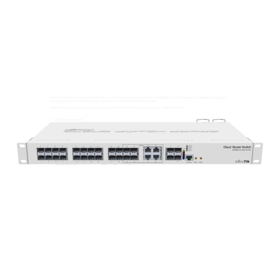 Mikrotik Cloud Router Switch, CRS328-4C-20S-4S+RM; Smart Switch, 20 xSFP cages, 4 x SFP+ cages, 4 x Combo ports (Gigabit Ethernet or SFP),800MHz CPU, 512MB RAM, 1U rackmount case, Dual Power Supplies, RouterOSL5 or SwitchOS (Dual Boot); Max power consumpt