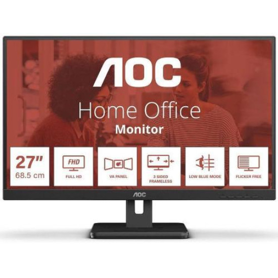 MONITOR AOC 27E3UM 27 inch, Panel Type: VA, Backlight: WLED, Resolution: 1920x1080, Aspect Ratio: 16:9,  Refresh Rate:75Hz, Response time GtG: 4 ms, Brightness: 300 cd/m², Contrast (static): 3000:1, Viewing angle: 178/178, Colours: 16.7 millions, 2Wx2 spe