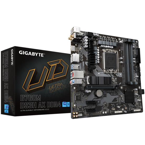 Placa de baza Gigabyte B760M DS3H AX DDR4 LGA1700, 4x DDR4 5333MHz, 1x HDMI, 2x DisplayPort, 1x PCIe x16, 2x PCIe x1, 2x M.2, 4x SATA 6Gb/s, LAN 2.5Gbps, WIFI 6E, mATX Placa de baza Gigabyte B760M DS3H AX DDR4 LGA1700, 4x DDR4 5333MHz, 1x HDMI, 2x DisplayPort, 1x PCIe x16, 2x PCIe x1, 2x M.2, 4x SATA 6Gb/s, LAN 2.5Gbps, WIFI 6E, mATX