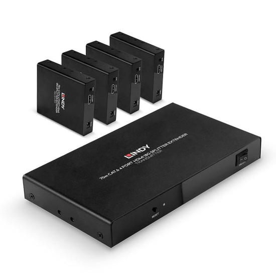 Lindy 70m 4 Port Cat.6 HDMI 4K60 Splitter Extender Description Distribute 4K HDMI signals to up to 4 displays in multiple locations Supports resolutions up to 4K@60Hz, with additional support for HDR Features a loop-through HDMI output on the transmitte Lindy 70m 4 Port Cat.6 HDMI 4K60 Splitter Extender Description Distribute 4K HDMI signals to up to 4 displays in multiple locations Supports resolutions up to 4K@60Hz, with additional support for HDR Features a loop-through HDMI output on the transmitte