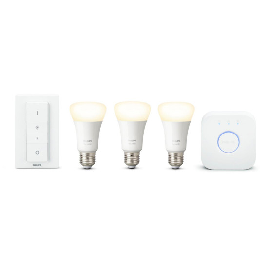 Pachet 3 Becuri LED inteligente Philips Hue A60, Bluetooth, E27, 9W (60W), 806 lm, lumina calda (2700K) + Consola Hue Bridge + Intrerupator cu variator Pachet 3 Becuri LED inteligente Philips Hue A60, Bluetooth, E27, 9W (60W), 806 lm, lumina calda (2700K) + Consola Hue Bridge + Intrerupator cu variator