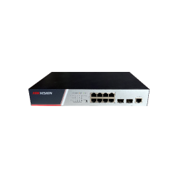 Switch Hikvision DS-3E2510P(B), Switching Capacity 336 Gbps, 8 Gigabit Poe electrical ports and 2 Gigabit / 100M SFP optical ports, Address Table 8 K, Support binding of IP, MAC, port and VLAN, dimensiuni: 280 mm × 44 mm × 180 mm, temperatura de functiona