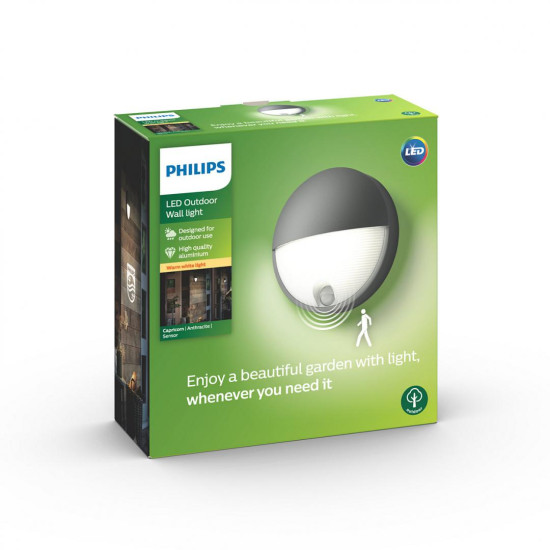 Aplica LED pentru exterior cu senzor de miscare Philips Capricorn, 6W (47W), 600 lm, lumina calda (2700K), IP44, 78x214mm, Antracit Aplica LED pentru exterior cu senzor de miscare Philips Capricorn, 6W (47W), 600 lm, lumina calda (2700K), IP44, 78x214mm, Antracit