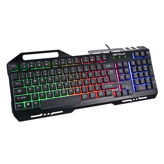 Kit Gaming Serioux Tobis 3 in 1, Tastatura de gaming, 104 taste, 7 taste Anti-ghosting, design slim, iluminare rainbow, structura metalica + taste negre, suport telefon, cablu USB 1.5M PVC, plug and play; Mouse gaming, senzor Sunplus 192, 1000-6400 DPI, s