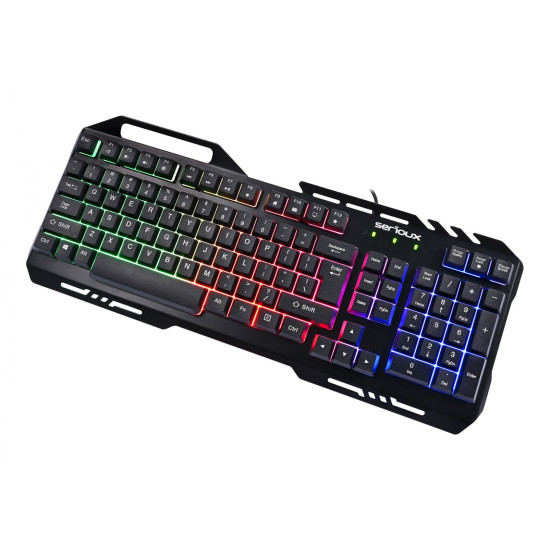 Kit Gaming Serioux Tobis 3 in 1, Tastatura de gaming, 104 taste, 7 taste Anti-ghosting, design slim, iluminare rainbow, structura metalica + taste negre, suport telefon, cablu USB 1.5M PVC, plug and play; Mouse gaming, senzor Sunplus 192, 1000-6400 DPI, s