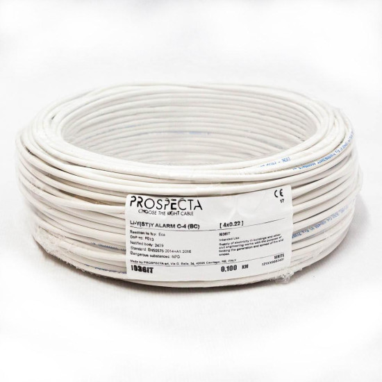 Cablu alarma 4 x 0.22 premium, cupru 100%, cod: I036IT, Li-Y(ST)Y, made in Italy, utilizare pentru sisteme de alarma, manta exterioara PVC alb, ecranare: folie de aluminiu laminata, raza de curbura 10x diametru, Peak Operating Voltage 250, Voltage Rating Cablu alarma 4 x 0.22 premium, cupru 100%, cod: I036IT, Li-Y(ST)Y, made in Italy, utilizare pentru sisteme de alarma, manta exterioara PVC alb, ecranare: folie de aluminiu laminata, raza de curbura 10x diametru, Peak Operating Voltage 250, Voltage Rating