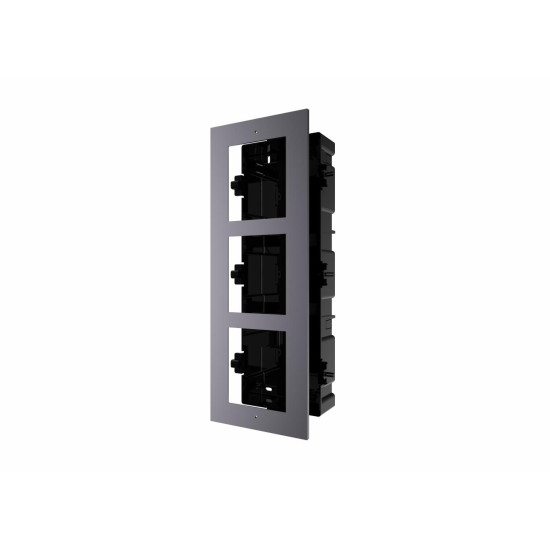 Panou frontal pentru 3 module videointerfon modular Hikvision DS-KD-ACF3; permite conectarea a 3 module de videointerfon modular; mo ntareincastrata; material aluminiu, doza de plastic inclusa; dimensiuni:337.8mm x 124mm × 4mm;