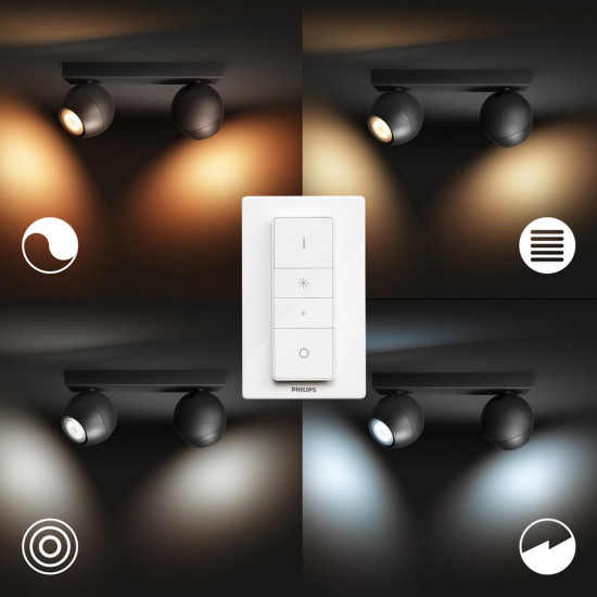 Spot LED Dublu Philips Hue Buckram, Bluetooth, 2xGU10, 2x5W, 700 lm, lumina alba (2200-6500K), IP20, 25.2x8.2cm, Metal, Negru, Intrerupator cu variator inclus Spot LED Dublu Philips Hue Buckram, Bluetooth, 2xGU10, 2x5W, 700 lm, lumina alba (2200-6500K), IP20, 25.2x8.2cm, Metal, Negru, Intrerupator cu variator inclus