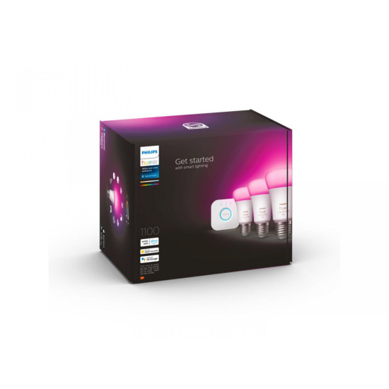 Pachet 3 Becuri LED RGB inteligente Philips Hue A60, Bluetooth, E27, 9W (75W), 1100 lm, lumina alba si color (2000-6500K) + Consola Hue Bridge