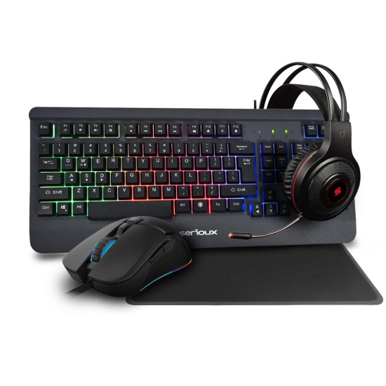 Kit Gaming Serioux Kayel 4 in 1, Tastatura de gaming, 104 taste, 19 taste Anti-ghosting , design slim, iluminare rainbow, structura metalica gri, taste negre + design cu palm rest, cablu USB 1.5M PVC, plug and play; Mouse gaming, senzor Sunplus 199, 800-6 Kit Gaming Serioux Kayel 4 in 1, Tastatura de gaming, 104 taste, 19 taste Anti-ghosting , design slim, iluminare rainbow, structura metalica gri, taste negre + design cu palm rest, cablu USB 1.5M PVC, plug and play; Mouse gaming, senzor Sunplus 199, 800-6