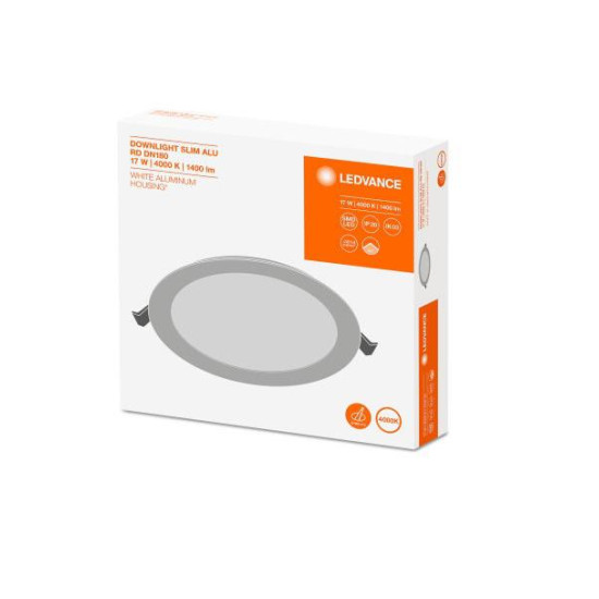 Spot LED incastrat Ledvance DOWNLIGHT SLIM ALU, 17W, 1350 lm, lumina calda (3000K), IP20, 192x23mm, aluminiu, Alb