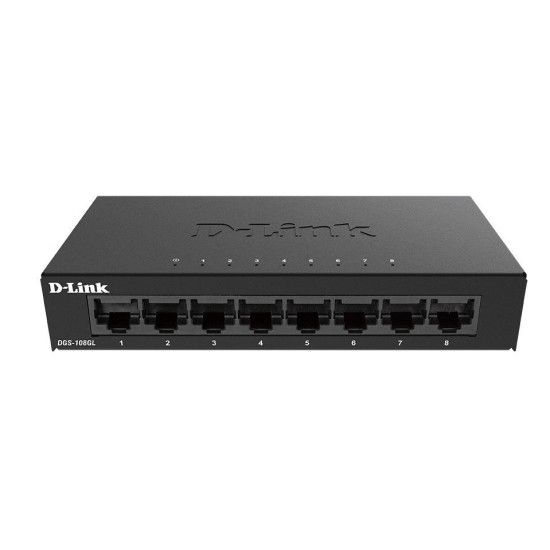 D-Link Switch DGS-108GL, 8 porturi Gigabit, Capacity 16Gbps, desktop, faramanagement, metal, negru, fara ventilator, D-link Green Technology.