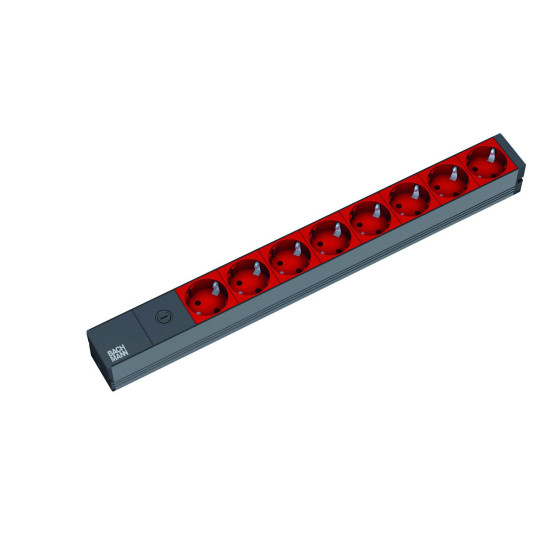 Prelungitor Bachmann PDU 19 1HE 8x prize Schuko, IEC -C14,1U, impamantare, siguranta 10A, lungime cablu 2 metri, RAL 3020, aluminiu, rosu