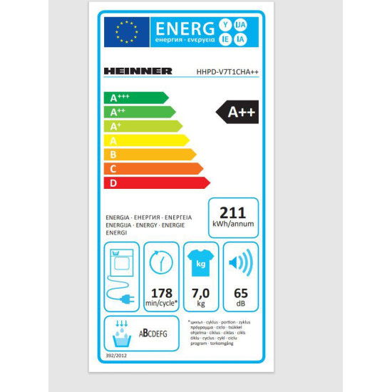 Uscator de rufe cu pompa de caldura Heinner HHPD-V7T1CHA++, Capacitate incarcare 7kg, Clasa energetica A++, 15 programe de uscare, Display LED, Program rapid camasi 20 min, Program expres 34 min, Program Baby Care, Functie Start intarziat, Functie anti-si