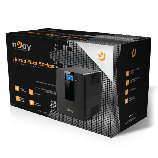 UPS nJoy Horus Plus 2000, 2000VA/1200W, Afisaj LCD cu ecran tactil, 4 Prize Schuko cu Protectie, Repornire Automata, RJ11 protectie pentru linia de telefon/modem, Posibilitatea de monitorizare si control prin USB, LAN si internet, port de comunicare USB, 